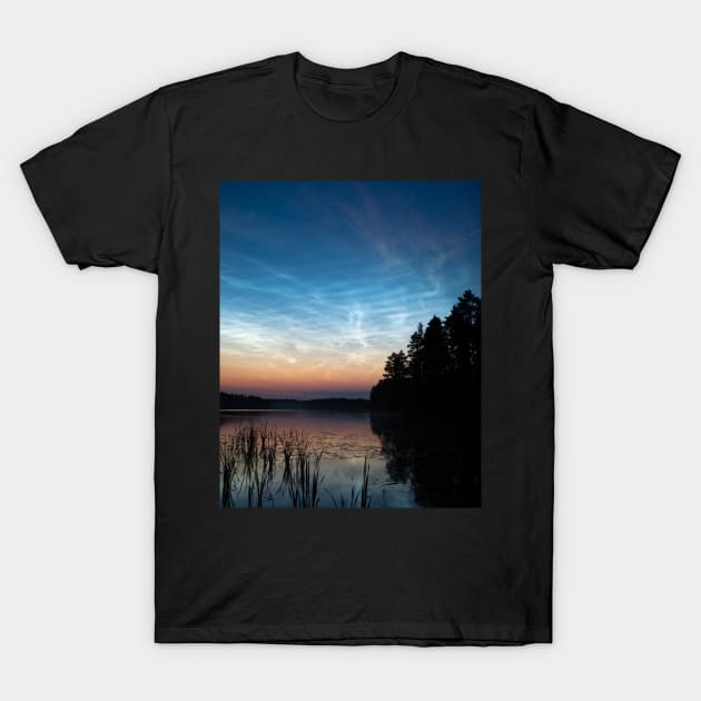 Night shining clouds over lake T-Shirt by Juhku